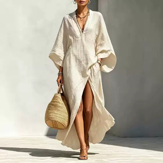 2026 Cross-Border European and American Spring and Summer New Fashion V-Neck Lazy Style Batwing Sleeve Loose Long Vacation Dress