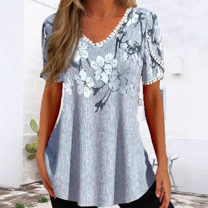 Womens Summer V Neck Floral Print Top Short Sleeve Lace Trim Comfortable Casual Style Wholesale Available
