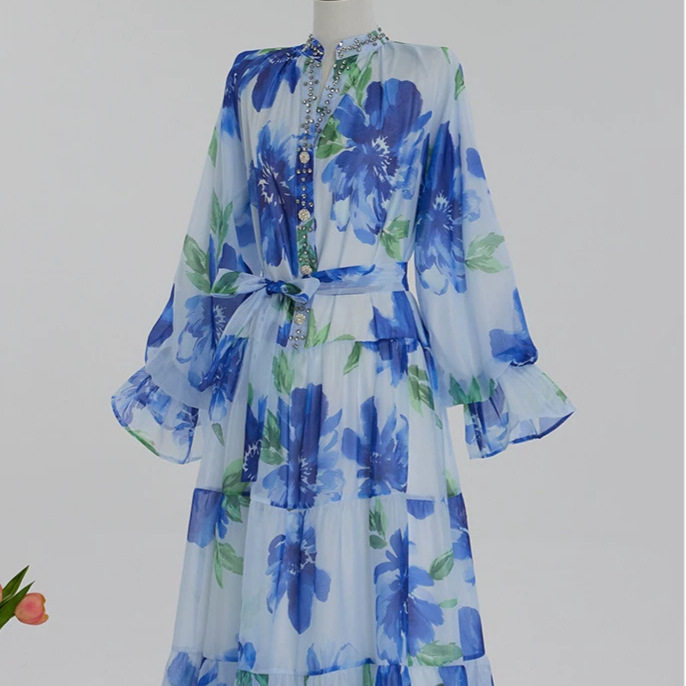 Fashionable Printed Patchwork Dress with Rhinestones Unique European Designer Style Perfect for Parties and Special