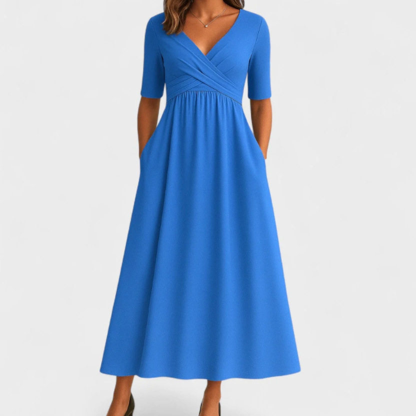 Elegant Womens Solid Color Maxi Dress V Neck Mid Sleeve Summer Style Available for Wholesale