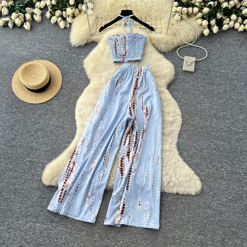 Summer Womens Two Piece Set Floral Print High Waist Wide Leg Pants Chic Style Perfect for Office or Casual Wear