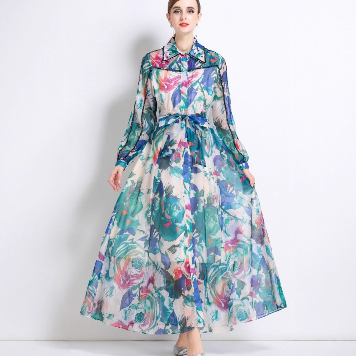 French Style High End Embellished Long Sleeve Printed Dress Elegant Fit Waist Tie Button Closure Autumn Fashion