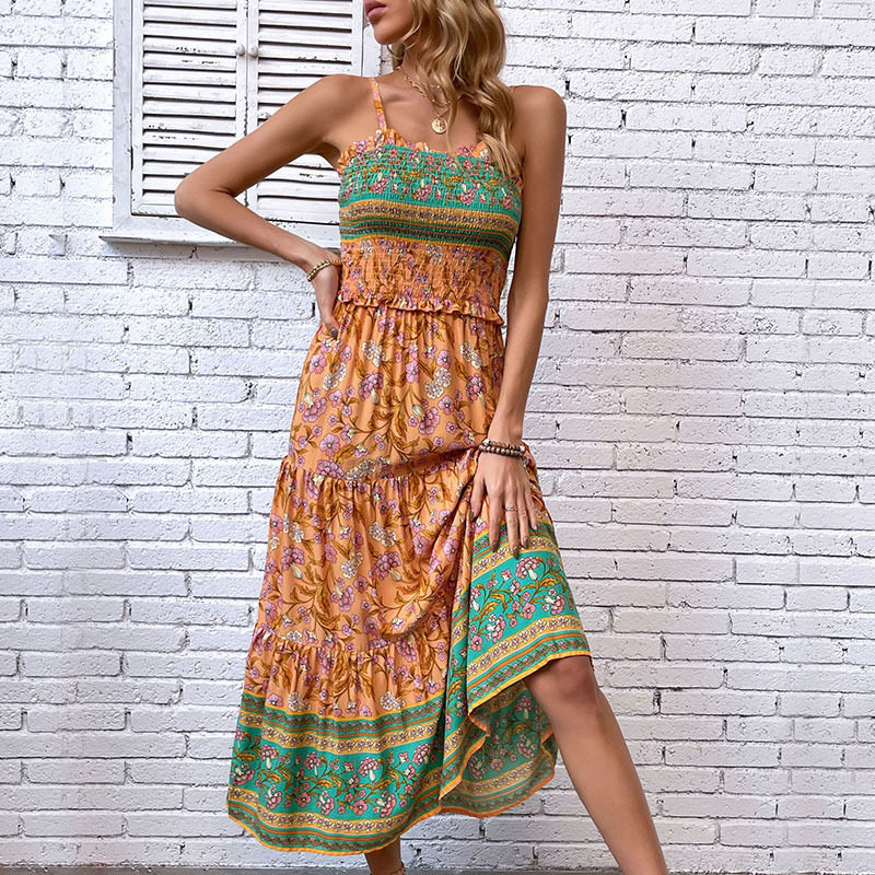 Bohemian Floral Print Ruffle Hem Maxi Dress Summer Style Lightweight Fabric Elegant Draping Wholesale Available