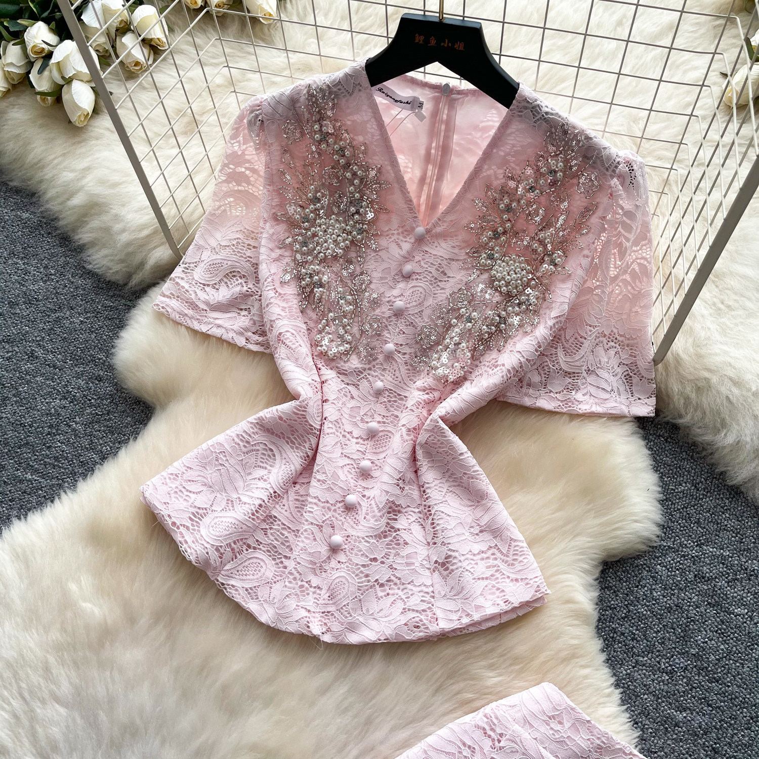 French Style Elegant Two Piece Set Beaded V Neck Lace Detail Slim Fit Summer Fashion for Sophisticated Occasions