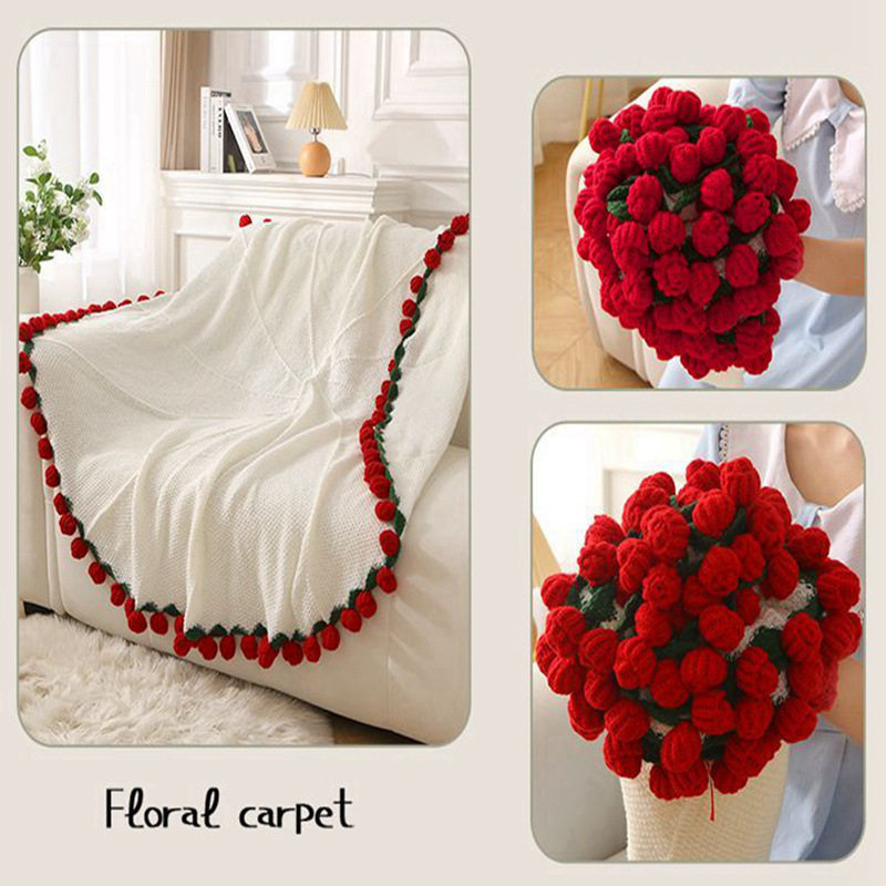 Finished Hand-Knitted Rose Bouquet Blanket, Flower Blanket, Wool Nap Blanket, Blanket for Girlfriend and Best Friend, New Christmas Gift