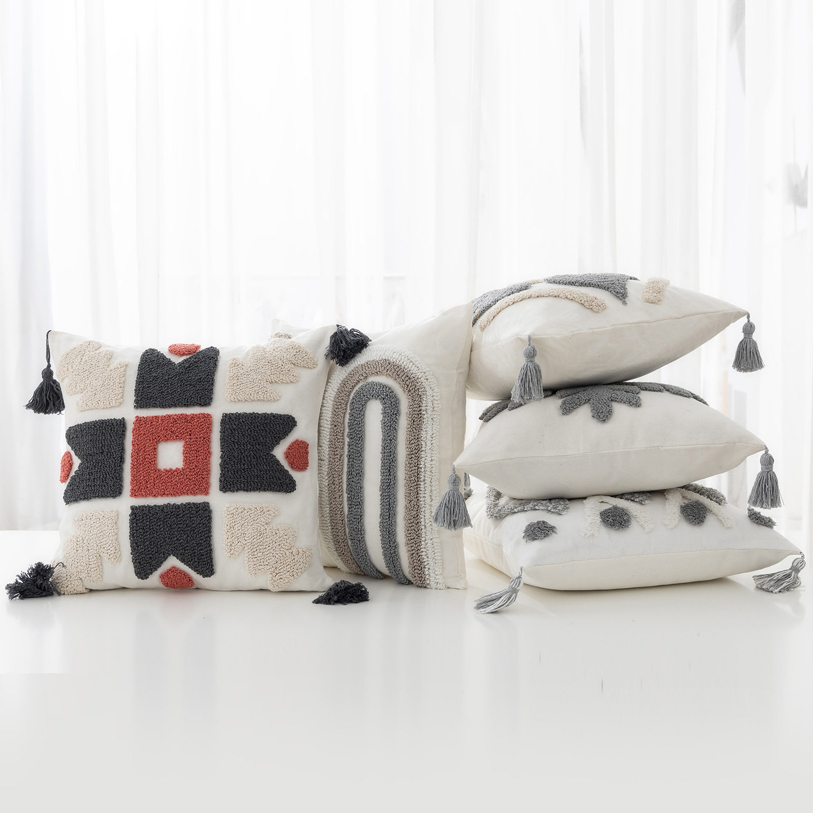 Nordic Striped Tufted Pillowcase Living Room Bedroom Square Sofa Cushion Home Bedroom Bedside Waist Pillowcase A