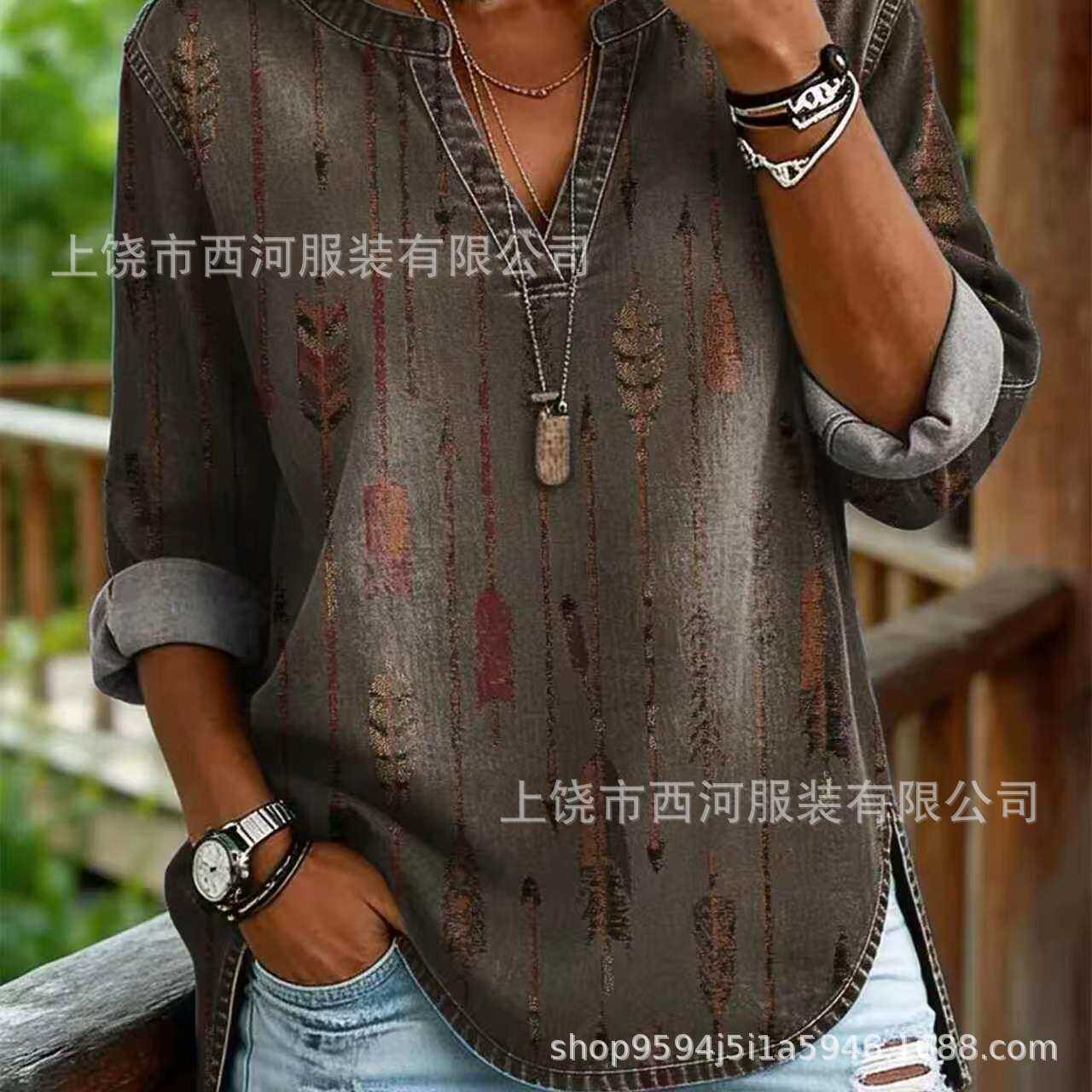 新款跨境独立站2026春季女装花卉印花V领休闲女装衬衫上衣复古