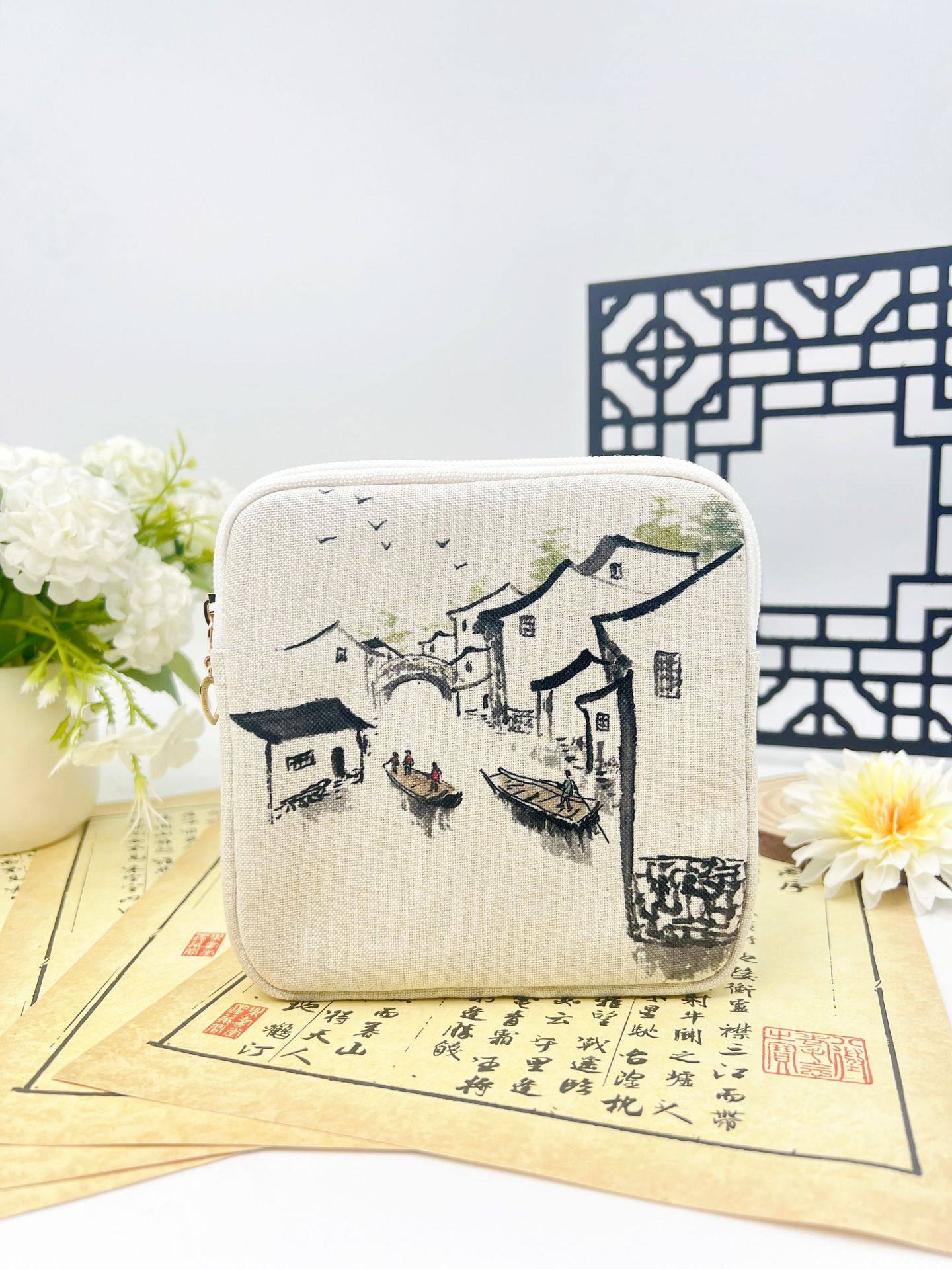 Portable Large-Capacity Napkin Cosmetics Bag for College Students, Chinese Style Cosmetic Bag, Digital Printed Cotton and Linen Card Holder, Coin Purse