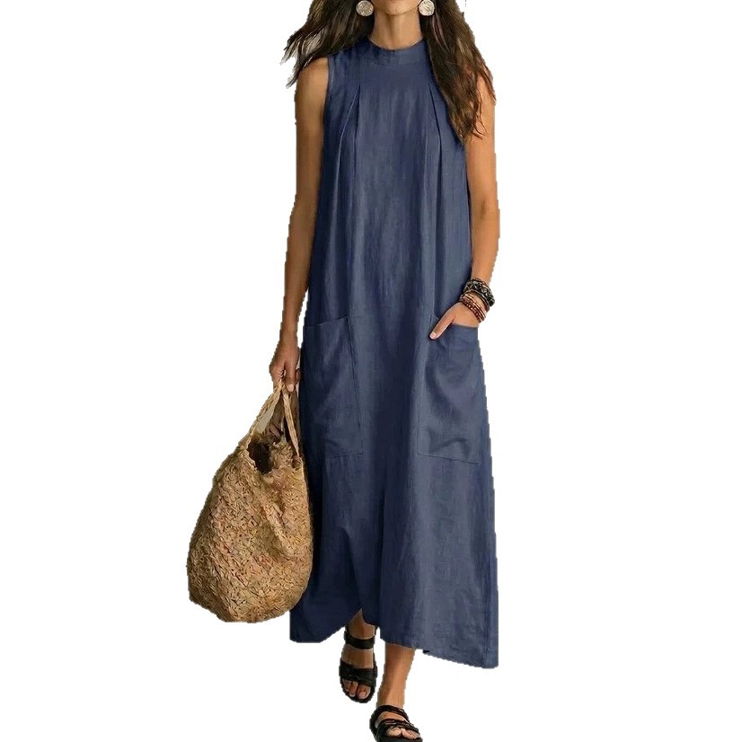 Elegant Sleeveless Round Neck Dress Solid Color Pocket Design Lightweight Fabric Spring Summer Fashion Wholesale