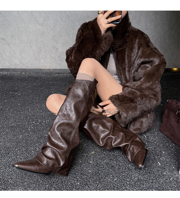 Boot nữ cổ cao gót thô mũi nhọn phối khóa kéo da bò — Lót nhung đen, Lót nhung màu nâu, màu đen, Màu nâu