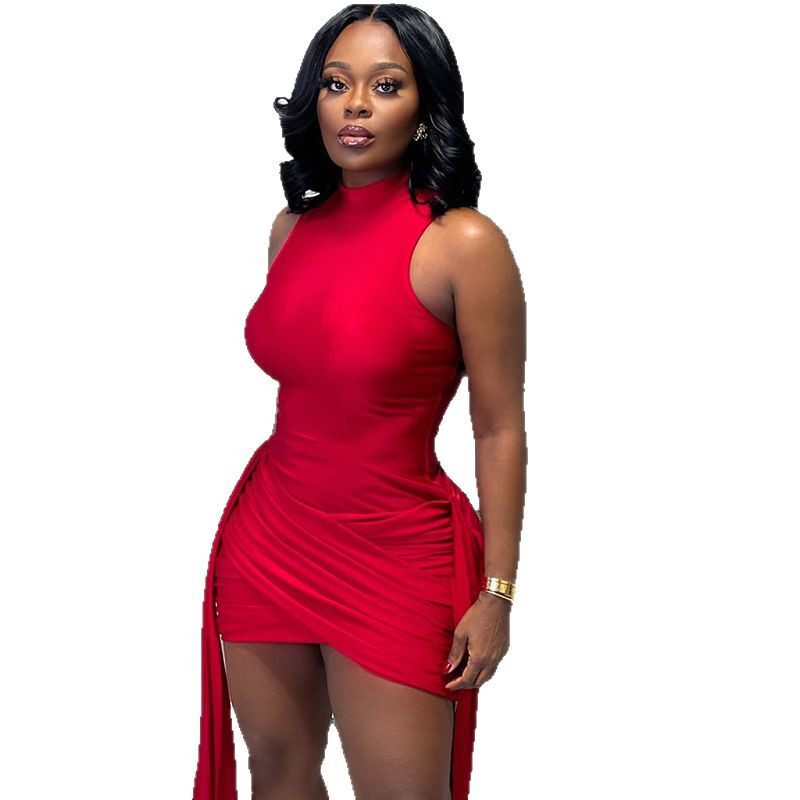 Fashionable Womens Bodycon Dress Ruffled Color Block Tie Detail Casual Short Sleeve Stand Collar Wholesale