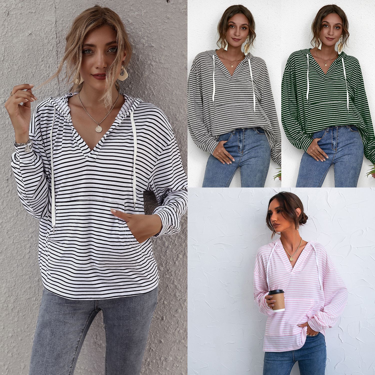 Luo Qi 2021Cross-border Amazon Speed Sell Through Independent Station Stripe Jacket Female Europe Brands Female Loose Sweater  洛琦2021跨境亚马逊速卖通独立站条纹上衣女欧美品牌女装宽松卫衣 Luo Qi 2021Cross-border Amazon Speed Sell Through Independent Station Stripe Jacket Female Europe Brands Female Loose Sweater 