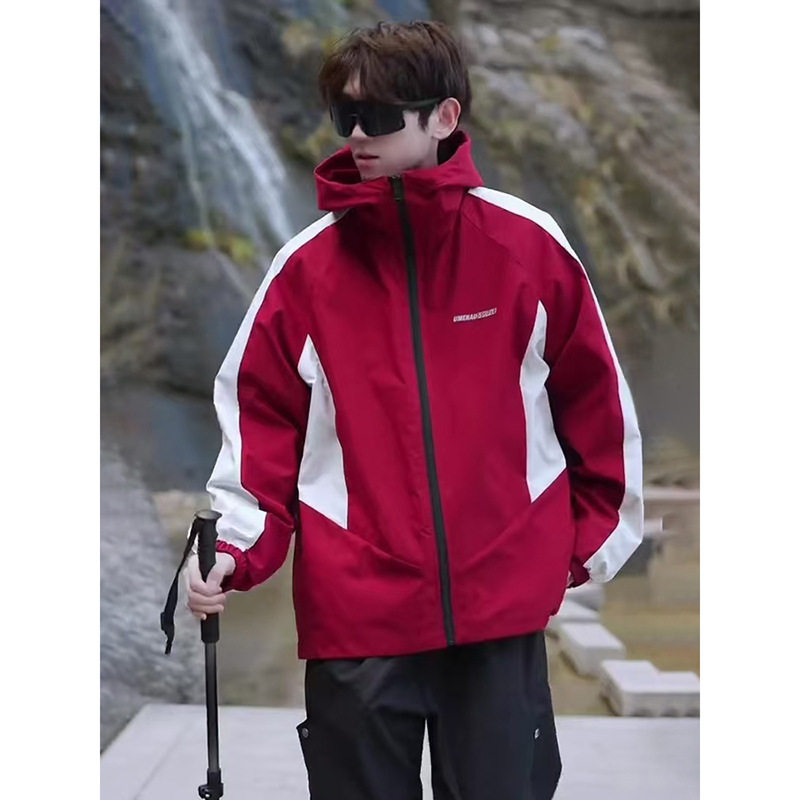 Red Reversible Outdoor Soft Shell Jacket Men's Autumn and Winter Windproof and Waterproof Jacket American Hiking Jacket