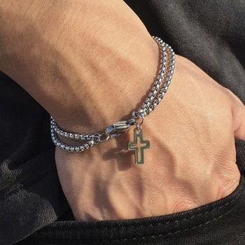 Titanium Steel Non-Fading Cross Double Chain Men's Trendy Fashion Bracelet Versatile Amazon Cross-Border Hot Sale