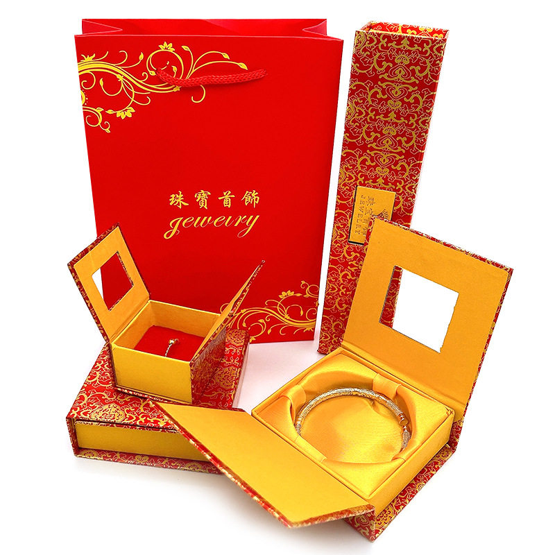 Golden Flower Window Back Jewelry Packaging Box Printing Ring Bracelet Carton Jewelry Storage Box Gold Gift Box Wholesale