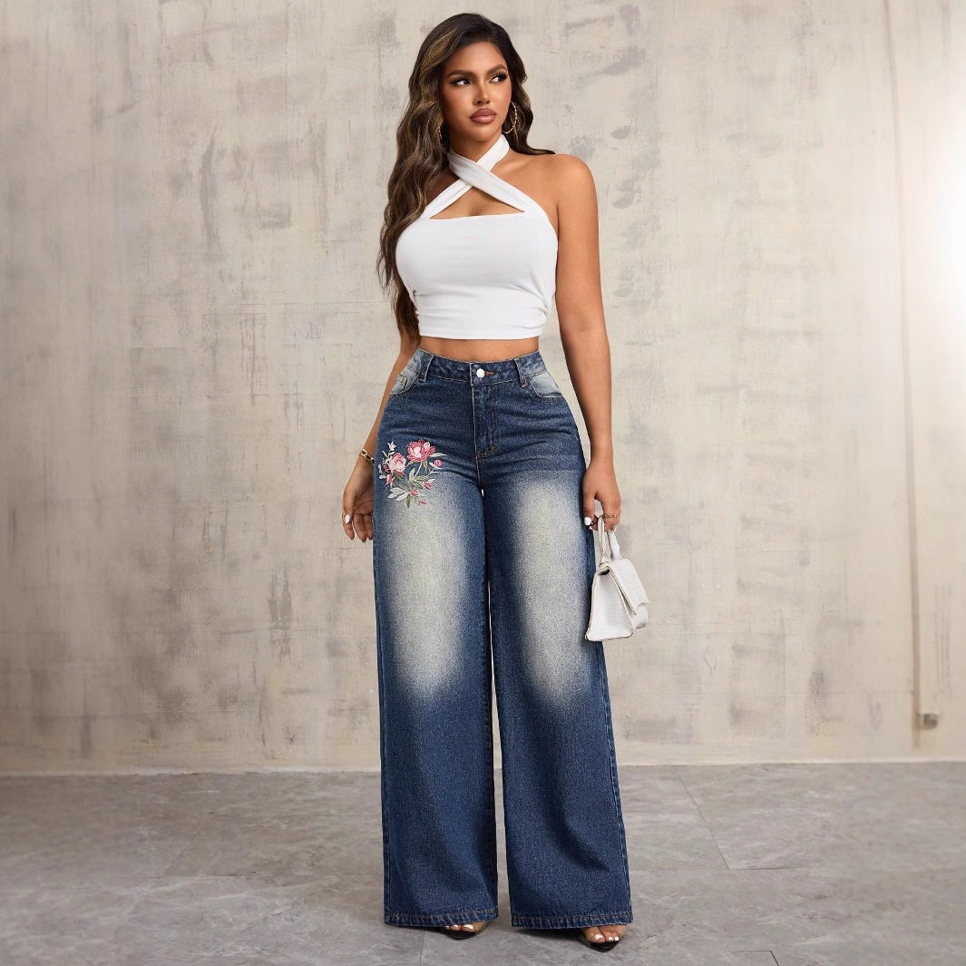 Vintage Embroidered Wide Leg Jeans Loose Fit Casual Style Womens Fashion Wholesale Available