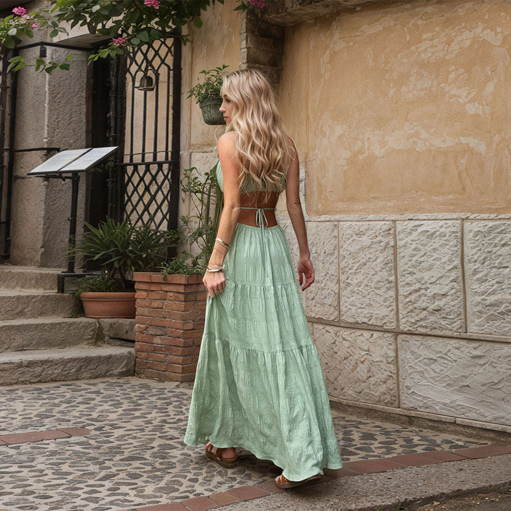 Vintage Inspired Backless Maxi Dress Elegant A Line Silhouette Spaghetti Straps Summer Fashion Wholesale Available