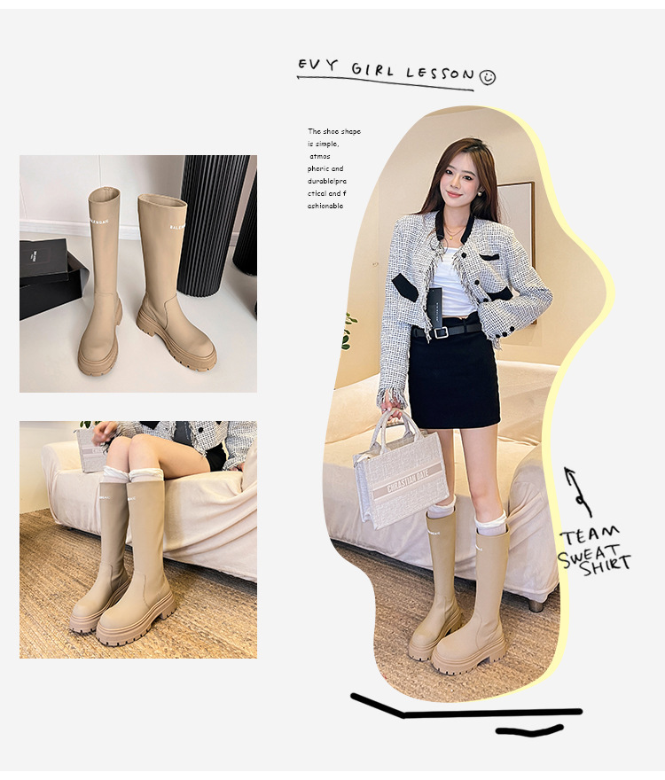 Boot nữ cổ cao ôm bắp chân da bò gót thô 6cm — Kaki nhạt lót nhung, Kaki nhạt lót nhung ống lớn, Kaki nhạt một lớp lót trong, Màu đen lót một lớp