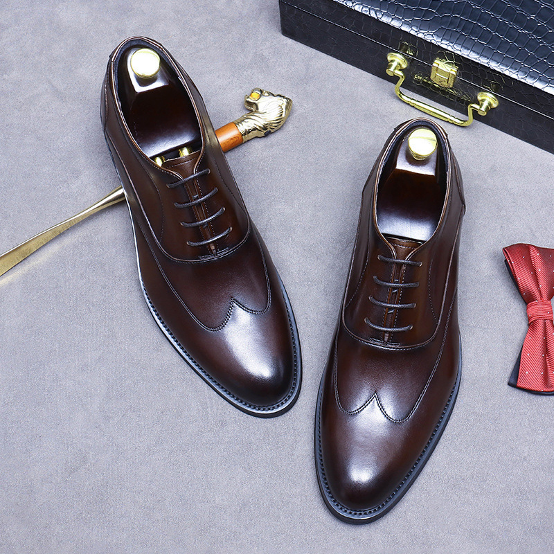 Giày Oxford nam da bò thật thủ công mũi nhọn tăng chiều cao trong, phong cách công sở — Màu đen độn cao bên trong, Màu cà phê tăng chiều cao bên trong