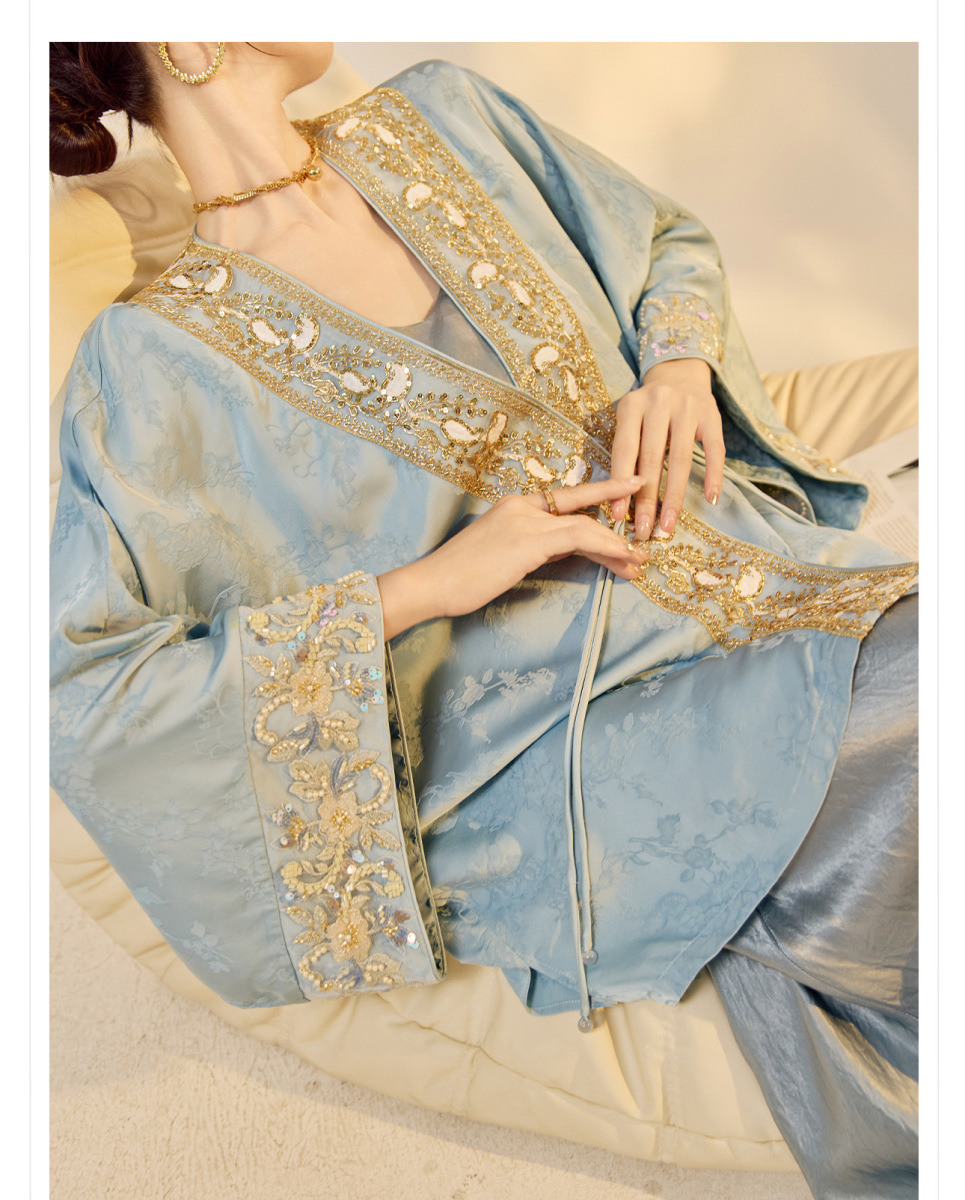 Áo khoác nữ thêu đính cườm dáng rộng cổ chữ V phong cách cổ điển — Jiyue Blue (Giao hàng trong ngày), Xanh Jiyue (giao hàng trong 7 ngày)