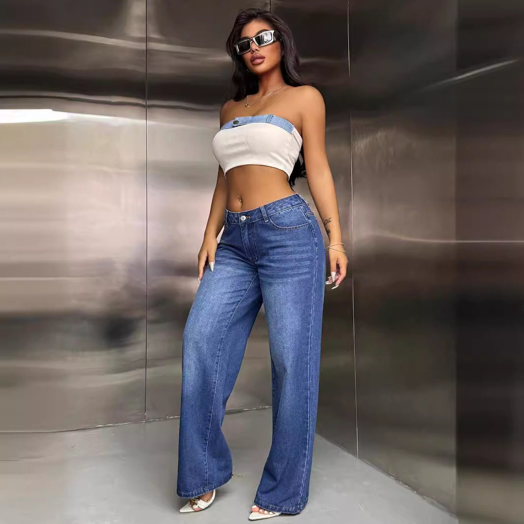 Wide Leg Denim Trousers Loose Fit High Waisted Flowy Design Casual Wear Street Style Wholesale Available