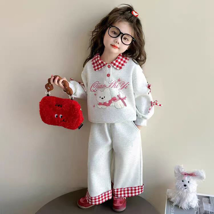 Girls' Fleece-Lined Thickened Two-Piece Set, New Stylish Design, Baby Girl Color-Block Bow Hoodie & Wide-Leg Pants