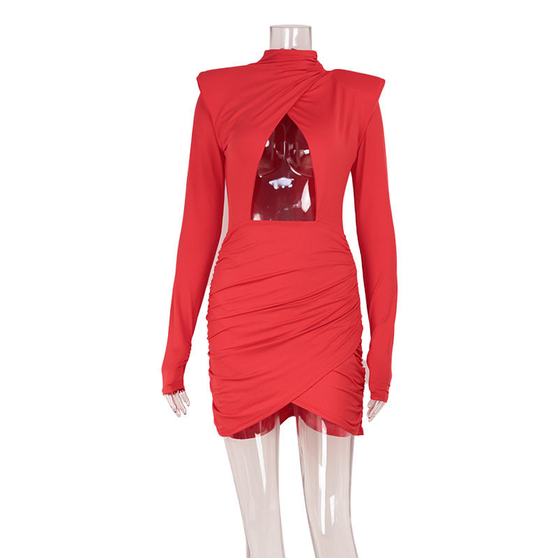Bodycon Dress Hollow Out Design Shoulder Pads Long Sleeve Solid Color Elegant for Parties and Events Wholesale