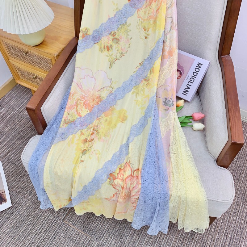 Đầm dây hoa in lãng mạn phối ren đuôi cá nữ — Màu hồng vàng phiên bản thông thường, Màu xanh vàng phiên bản thông thường