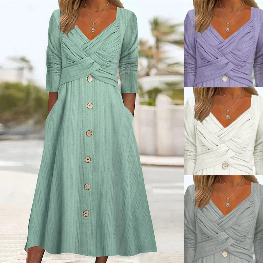 solid color long-sleeved V-neck cross-button casual dress long skirt