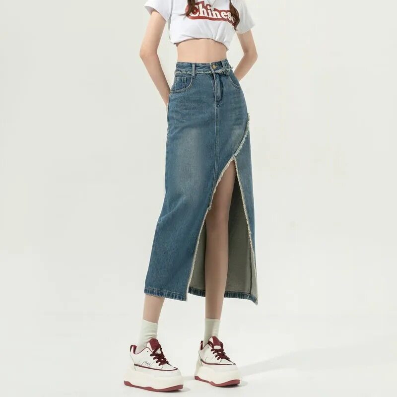 High Waisted A Line Denim Skirt Vintage Style Irregular Hem Mid Length Flattering Fit Spring Fashion Wholesale