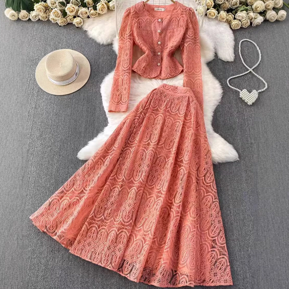 Chic Lace Two Piece Set Fitted Top with Pearl Button High Waisted Flared Skirt Autumn Office Wear Wholesale Available
