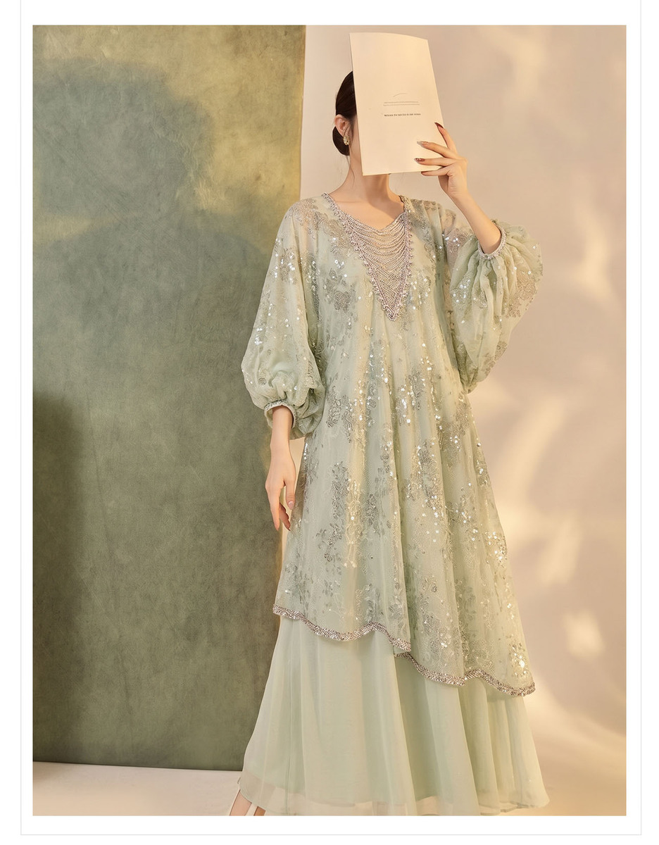 Đầm maxi nữ họa tiết hoa tay bồng cổ tròn phong cách retro — Xanh lục (giao hàng trong 7 ngày), Xanh lục (giao hàng trong ngày)