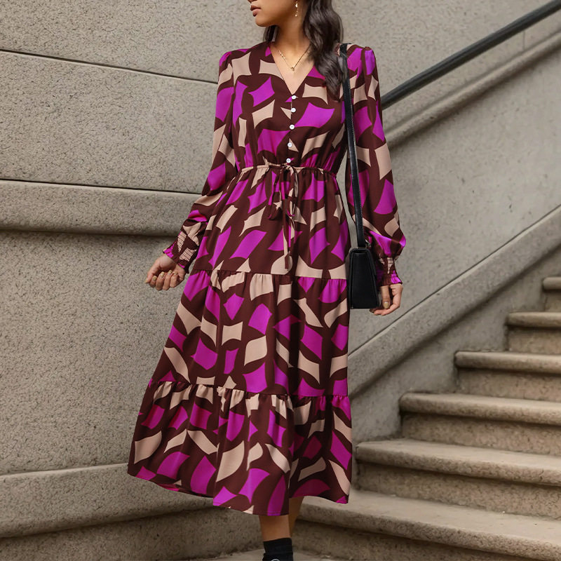 Womens Autumn Dress Irregular Pattern Printed Fabric Casual Style Wholesale Available OEM ODM service