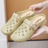 New Flat Non-Slip Middle-Aged Mom Closed-Toe Slippers, Faux Leather Mid-Heel Clogs for Women