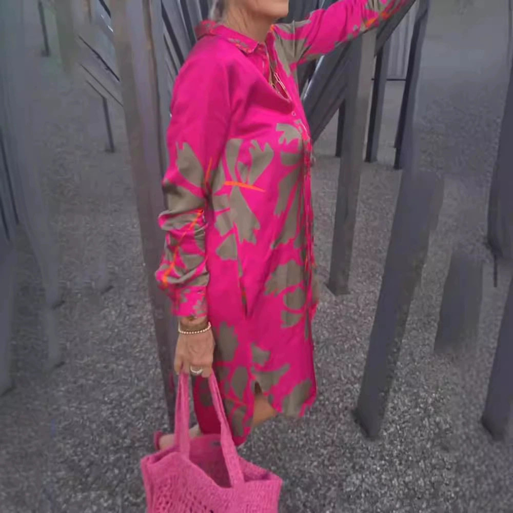 Womens Long Sleeve Floral Print V Neck Bell Sleeve Shirt Dress Mid Length Trendy Design Perfect for Casual Outings