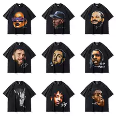 Rap Star Big Head Big Face T-shirt Washed Retro Hip Hip Hip Hop Short Sleeve Trendy Brand White Ink Direct Jet Printing