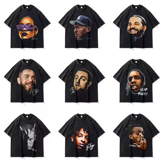 Rap Star Big Head Big Face T-shirt Washed Retro Hip Hip Hip Hop Short Sleeve Trendy Brand White Ink Direct Jet Printing