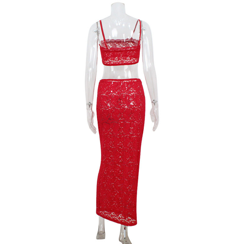 Red Lace Sheer Two Piece Set Strapless Crop Top Bodycon Skirt Sexy Night Out or Party Wear Wholesale Available