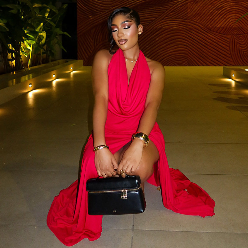 Elegant Solid Color Bodycon Maxi Dress with Side Slit Waist Cinching Design Ruffled Neckline Perfect for Parties and