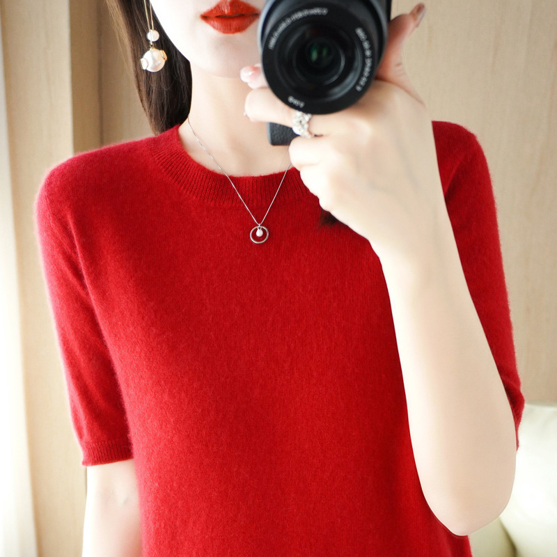套头毛衣女非羊绒圆领短袖宽松t恤内搭针织衫打底春秋季短款上衣