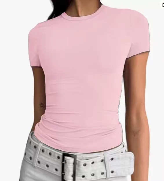 欧美女装休闲长袖t恤春秋纯色修身套头衫t恤女街装打底衫上衣