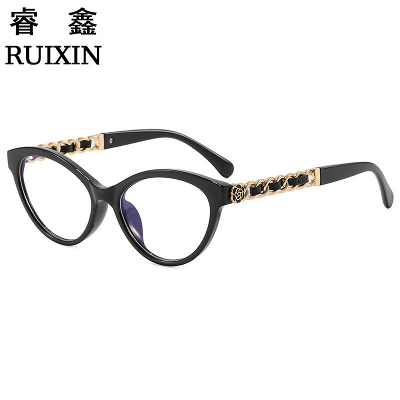 New Style Chanel-Inspired Women's Trendy Plain Glasses Retro Cat-Eye Floral Chain Eyeglass Frame Anti-Blue Light Natural Look Prescription Glasses
