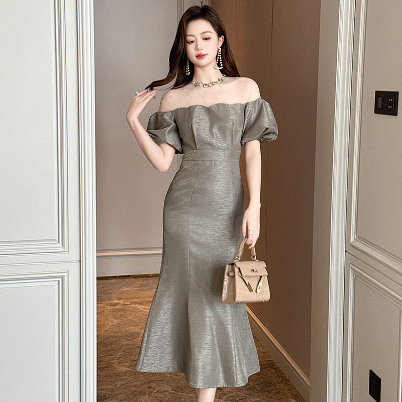 Đầm maxi nữ tay phồng đuôi cá ôm eo — [Xám vàng], [Đen]