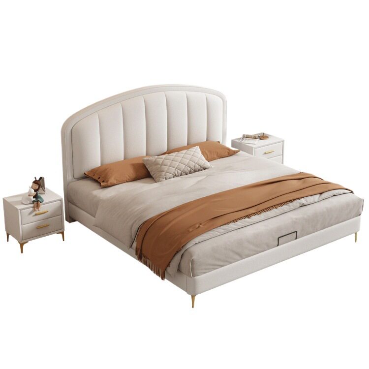 Cream-Style Genuine Leather Bed, Light Luxury Master Bedroom, 1.8m Double Storage Bed, Modern Simple Small Apartment, 1.5m Solid Wood Wedding Bed