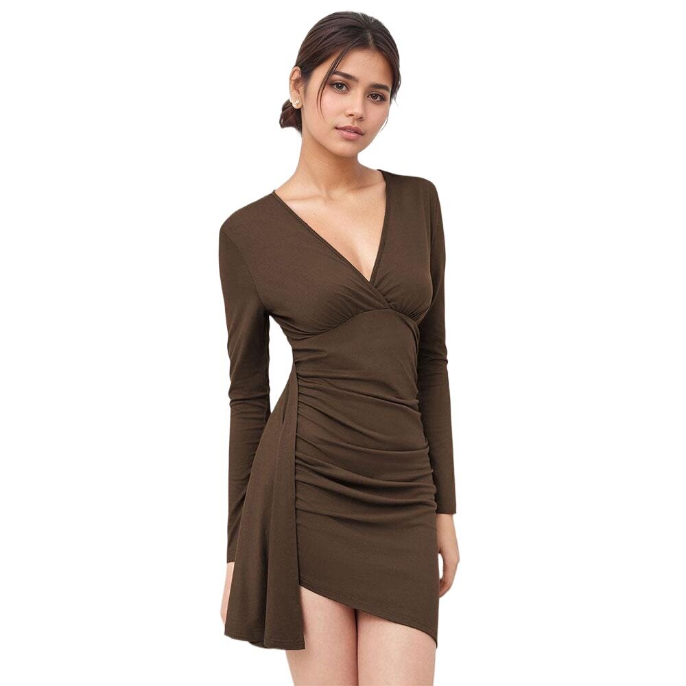 Slim Fit Ruched Dress Deep Brown V Neck Long Sleeve Bodycon Side Slit Spring Summer Fashion Wholesale Available