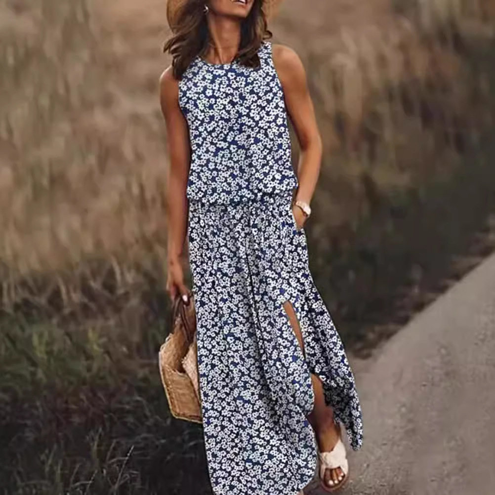 Floral Print Sleeveless Maxi Dress Round Neck Split Hem Lightweight Fabric Summer Casual Wear Wholesale Available