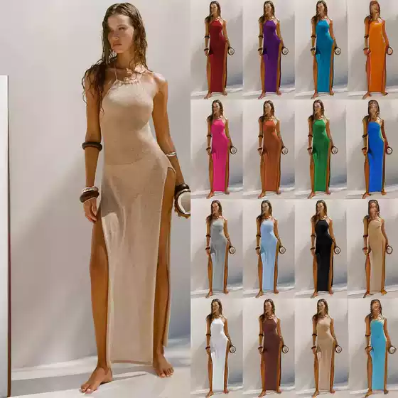 2024 New Cross-border Explosions Bilateral High Split Sling Beautiful Back Knitted dress Beach Holiday Company