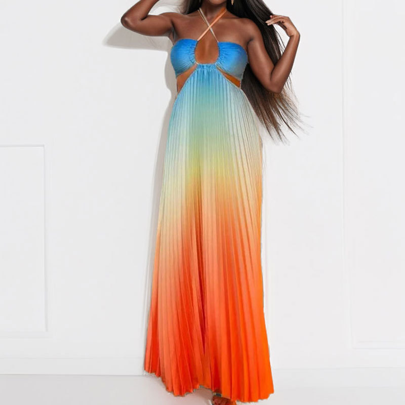 Gradient Color Pleated Halter Dress Spring Collection Fashionable Vacation Style Wholesale Available