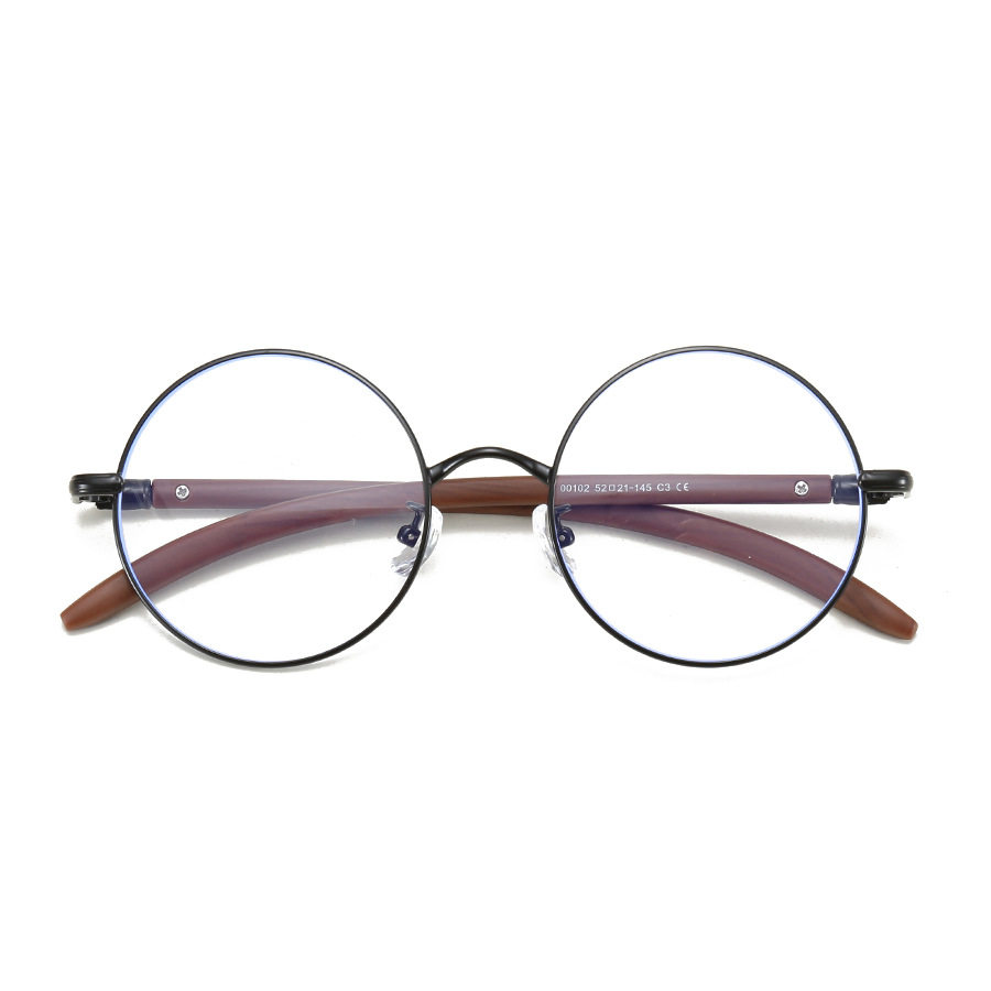 00102 Retro Japanese style metal large round glasses frame men's and women's myopia plain plain wood grain leg artistic glasses frame