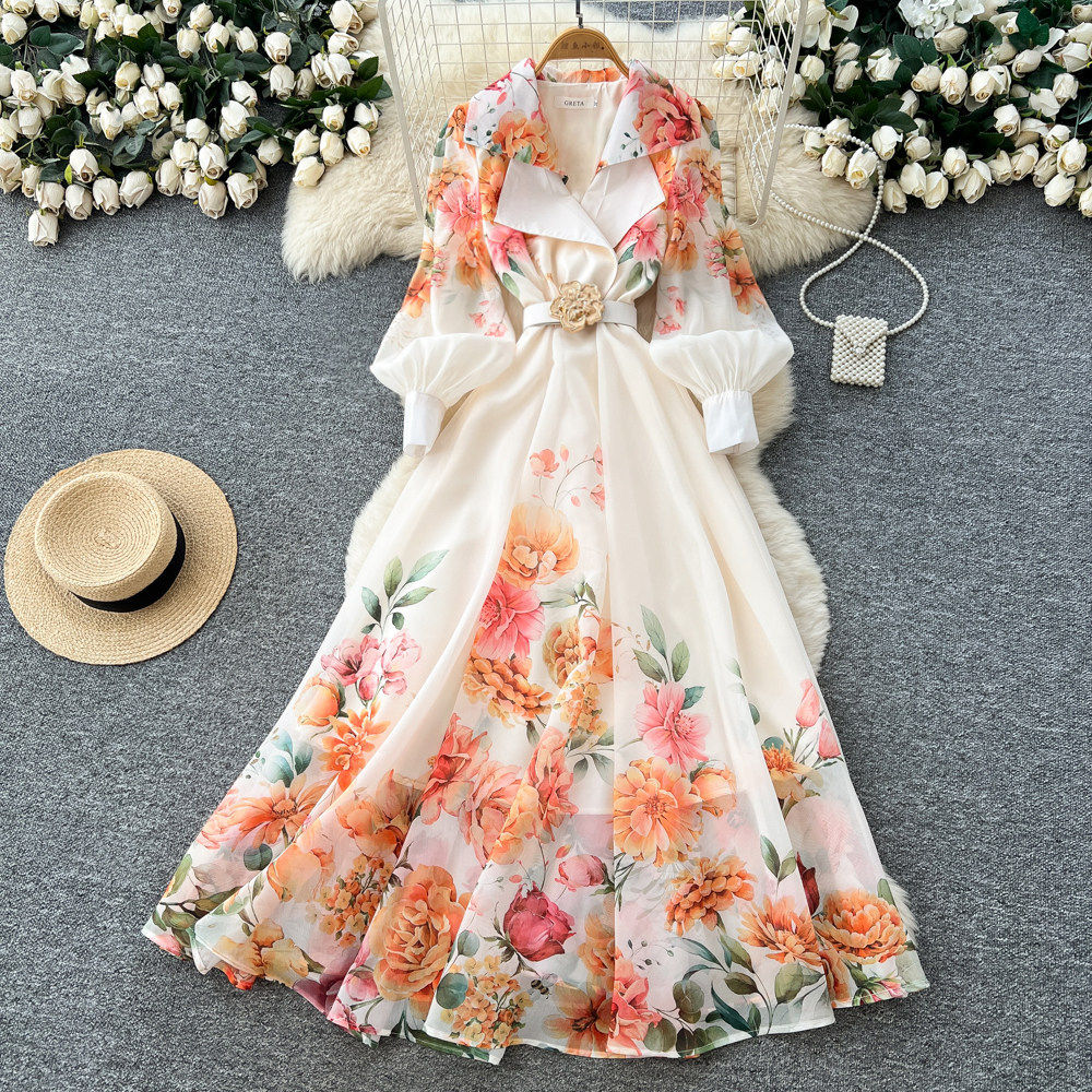 Vintage Elegant Floral Print Belted Dress Long Sleeve A Line Silhouette Waist Tie Office Wear Casual Outing